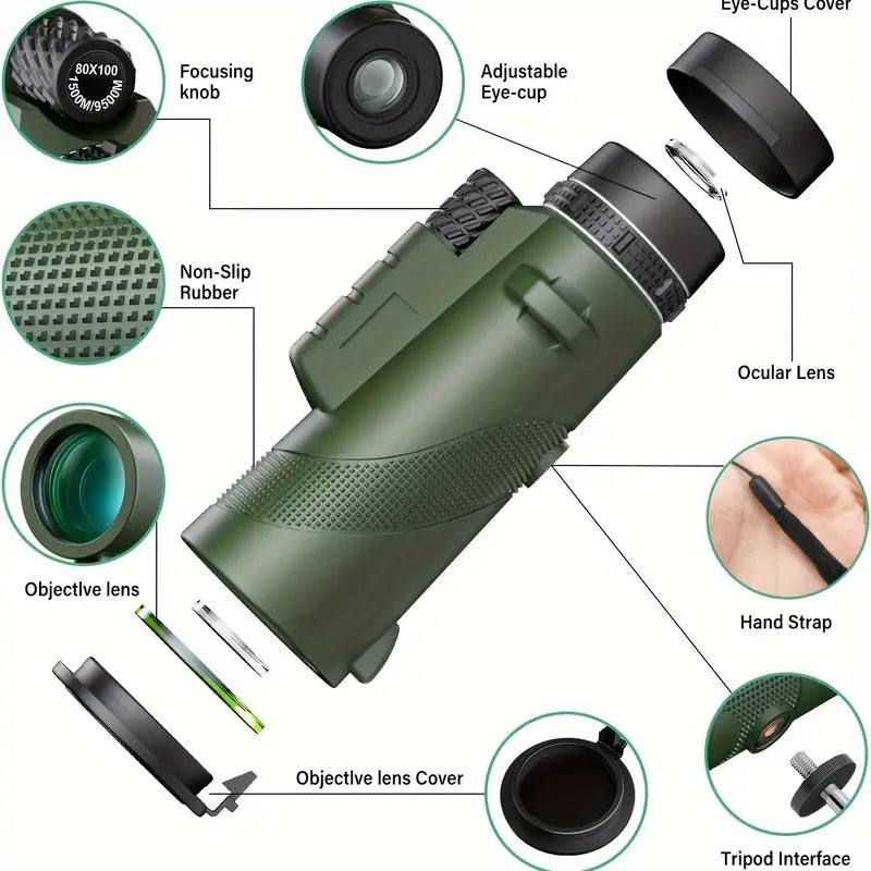 80x100 Monocular Telescope with Phone Clip and Tripod - Green