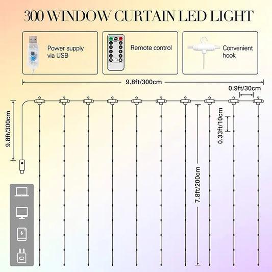 Enhance Your Space with 1pc 300 LED Curtain Fairy Lights | Remote Controlled, 8 Modes, Waterproof, USB Plug In