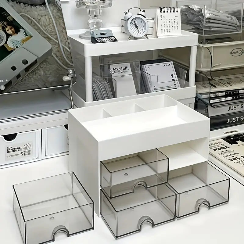 White Acrylic 4-Drawer Desktop Organizer with Open Tray Top