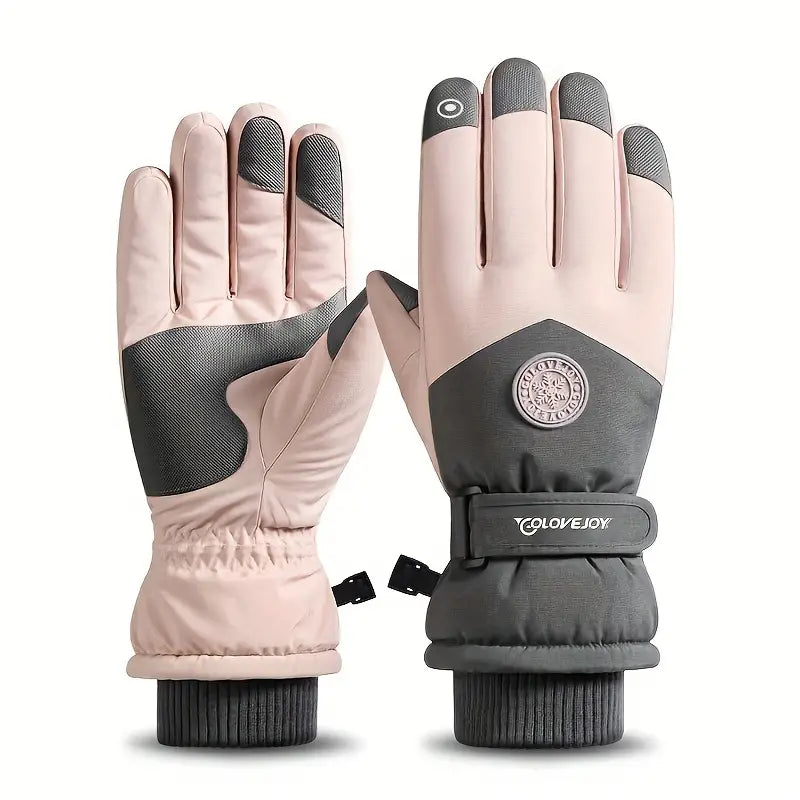 Cozy Pink Winter Couple Ski Gloves - Adjustable Closure, Non-slip Touch Screen Gloves