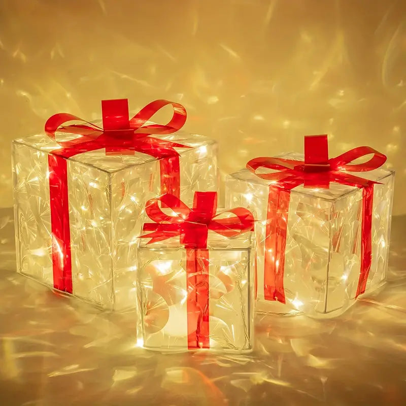 Sparkling Trio: Festive LED Christmas Gift Boxes Set