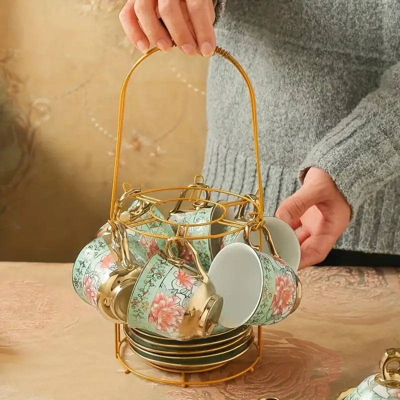 Green Elegance in Bloom: 20-Piece Ceramic Tea and Coffee Set with Iron Rack