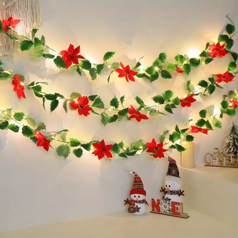 LED Lighted Christmas Red Flower Rattan Decoration - Battery Operated