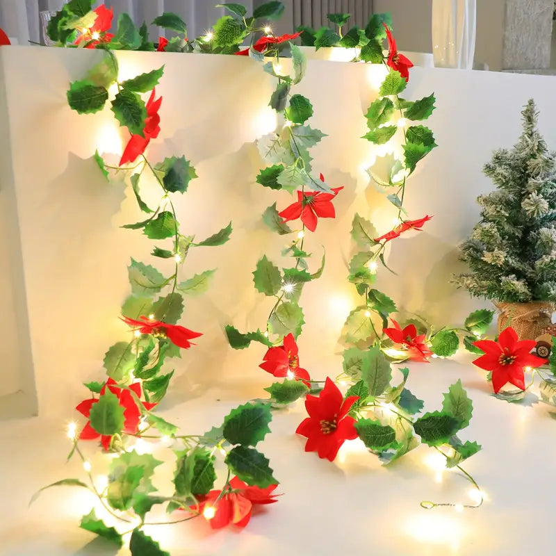 LED Lighted Christmas Red Flower Rattan Decoration - Battery Operated
