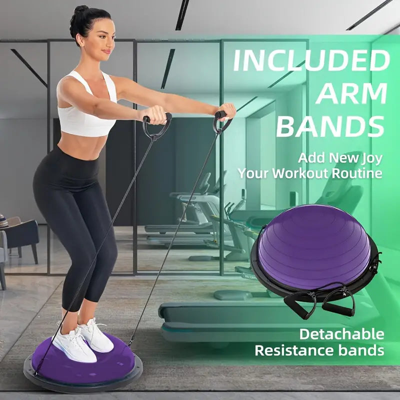 Balance Ball Gym Training Exercise Half Fitness with Pump & Band - Purple