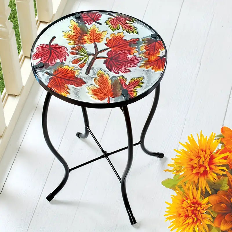 Outdoor Mosaic Side Table with Printed Maple Leaf Glass Top