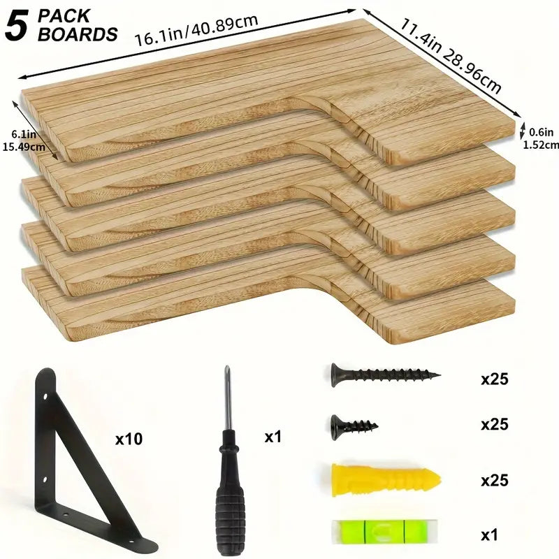 Set of 5 Rustic Wooden Corner Floating Shelves - Wall Mounted Storage Racks