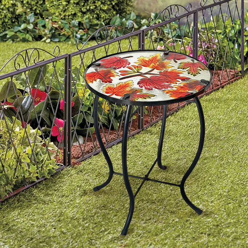 Outdoor Mosaic Side Table with Printed Maple Leaf Glass Top