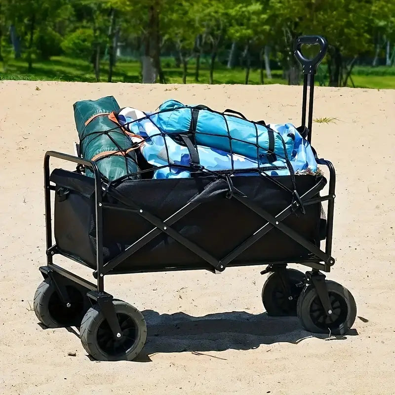 Heavy Duty Foldable Camping Wagon with Wide Wheels - Black