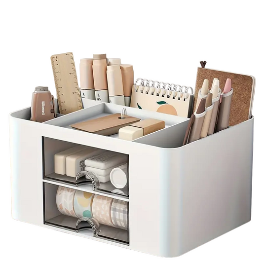 White Pen Organizer with 2 Drawers - Multi-Functional Desk and Office Supplies Holder- White