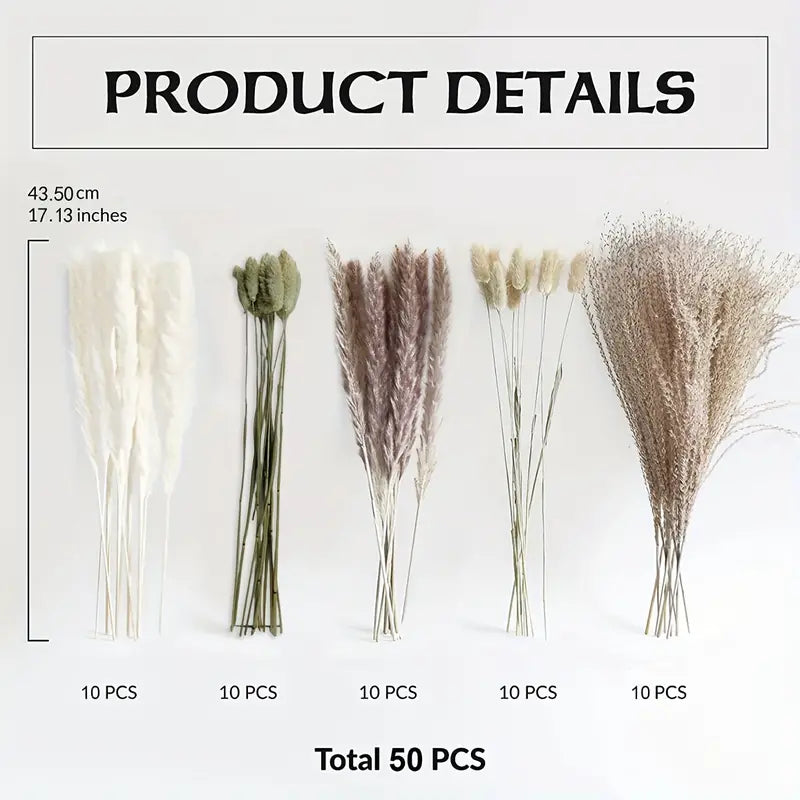 Real Touch Dried Flower Set - 50pcs Artificial Rabbit Tail Reed Set (90cm)