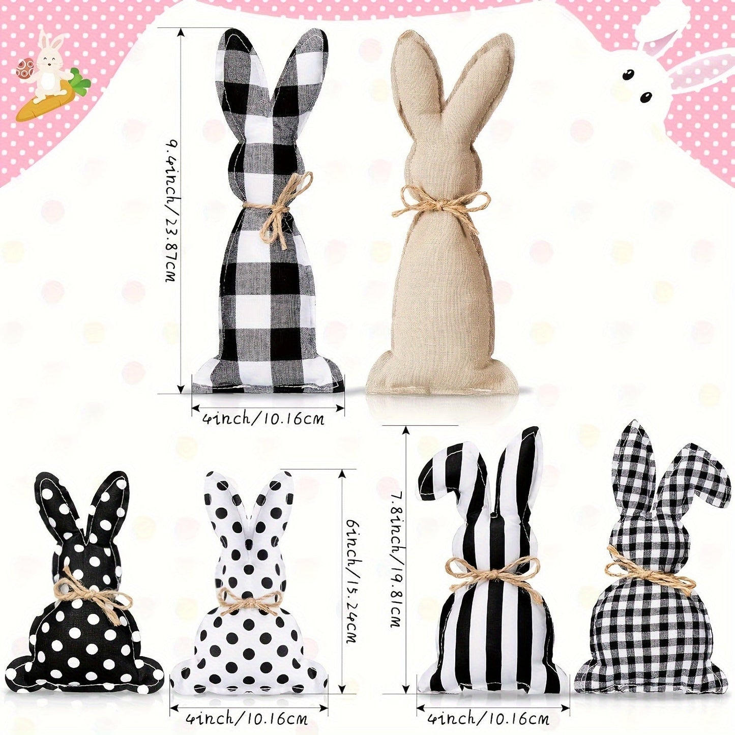 Set of 6 Easter Bunny Decor with Polka Dot Baskets