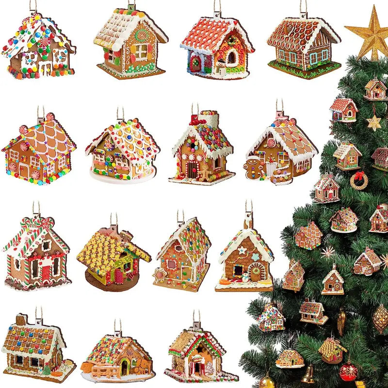 Wooden Christmas Ornaments: 15pcs Colorful Gingerbread Candy House Theme Festive Holiday
