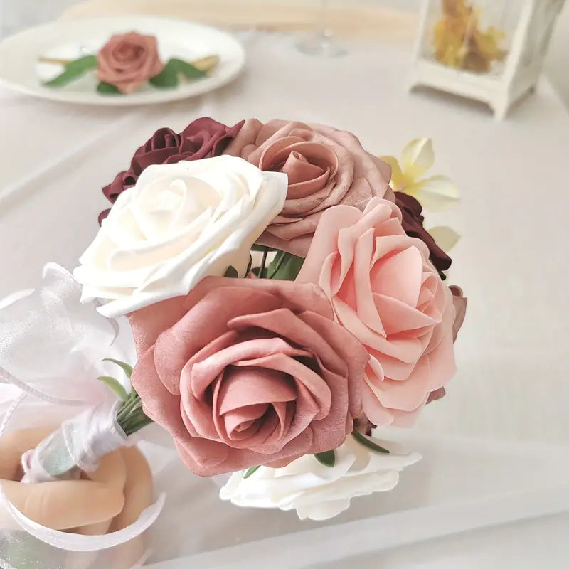 Exquisite 25-Piece Champagne Red Artificial Rose Flower Arrangement