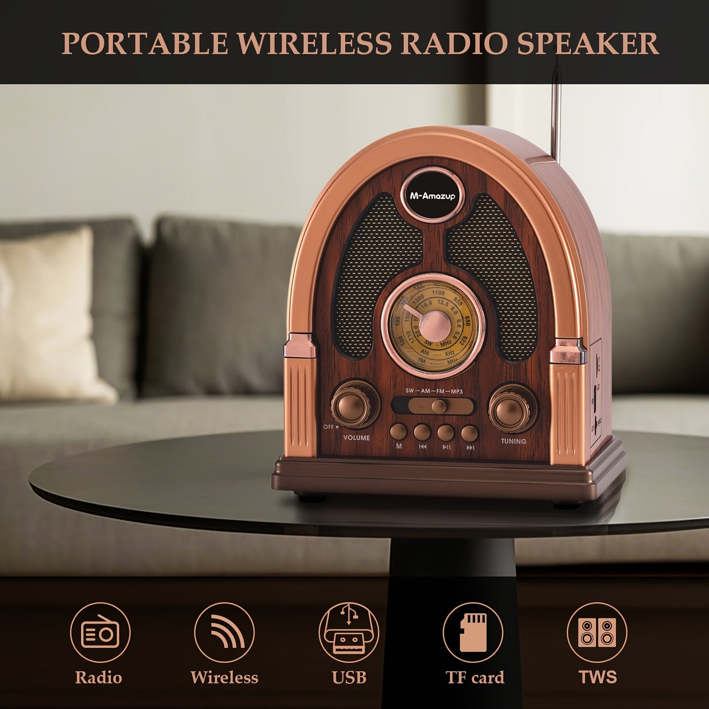 Wireless Vintage Radio with USB, FM/AM/SW Playback