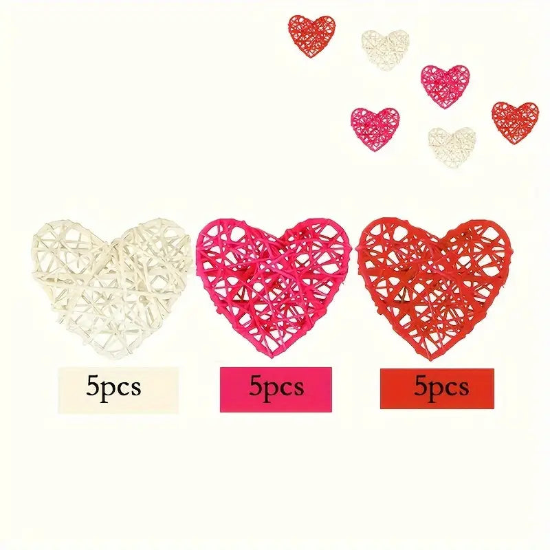 Valentine's Day Vine Heart Craft Set - 15pcs Heart-Shaped Willow Vase Fillers in White, Pink, and Red