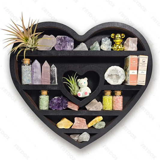 Two hearts intertwine in this beautifully crafted crystal wood shelf