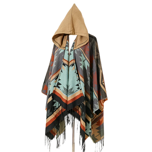 Windproof Cape Boho Geometric Shawl Wrap with Fringe