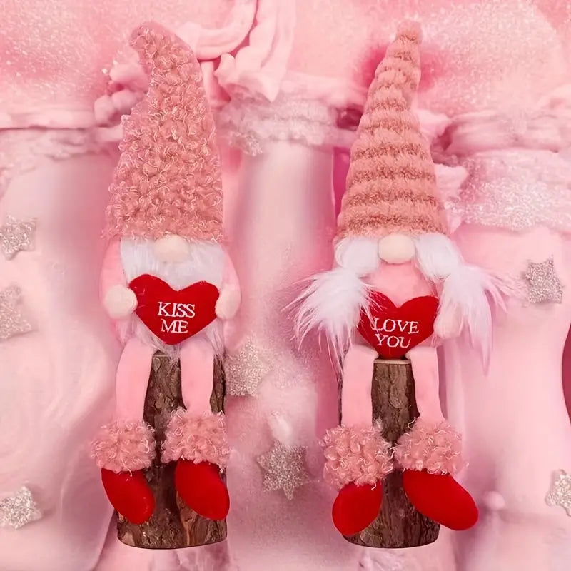 Romantic Handmade Plush Valentine's Day Gnome Decor Set - Long Leg Love Heart Design