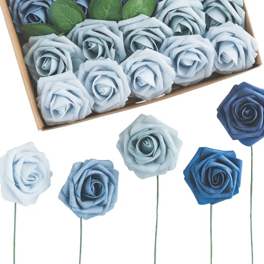 25-Piece Soft-Touch Foam Artificial Rose Flowers - Five Shades of Blue
