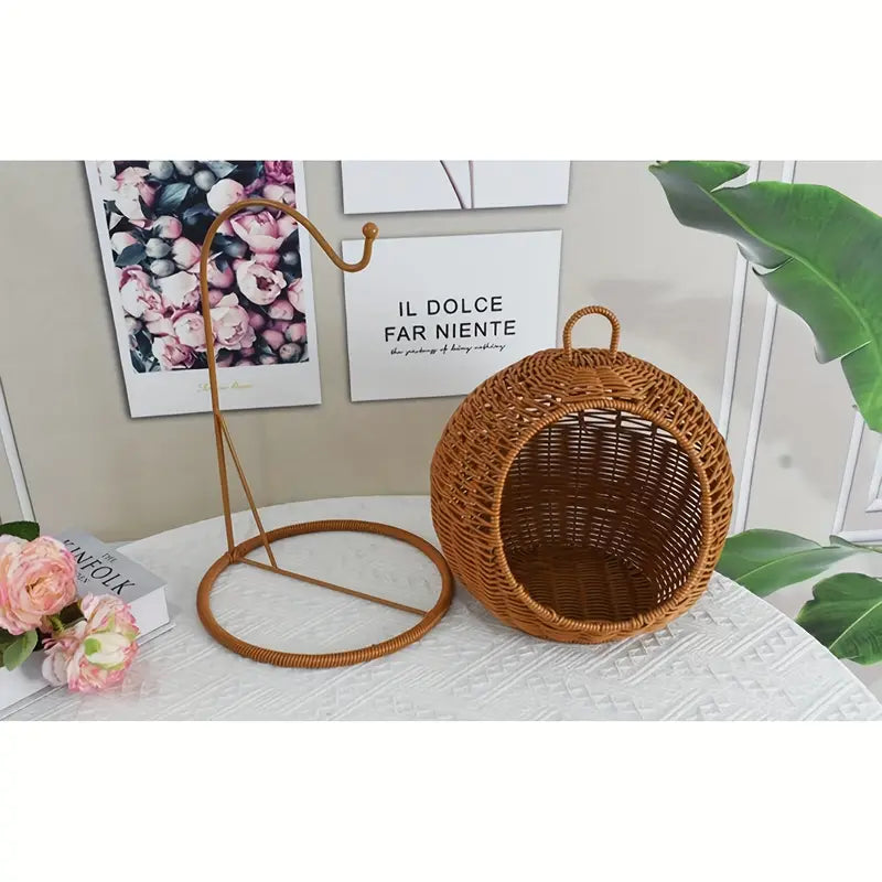 Imitation Rattan Cat Cage - Hanging Cat Nest with Semi-Enclosed Design