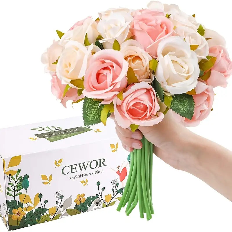 12-Piece Premium Artificial Rose Flowers with Stems(Champagne)