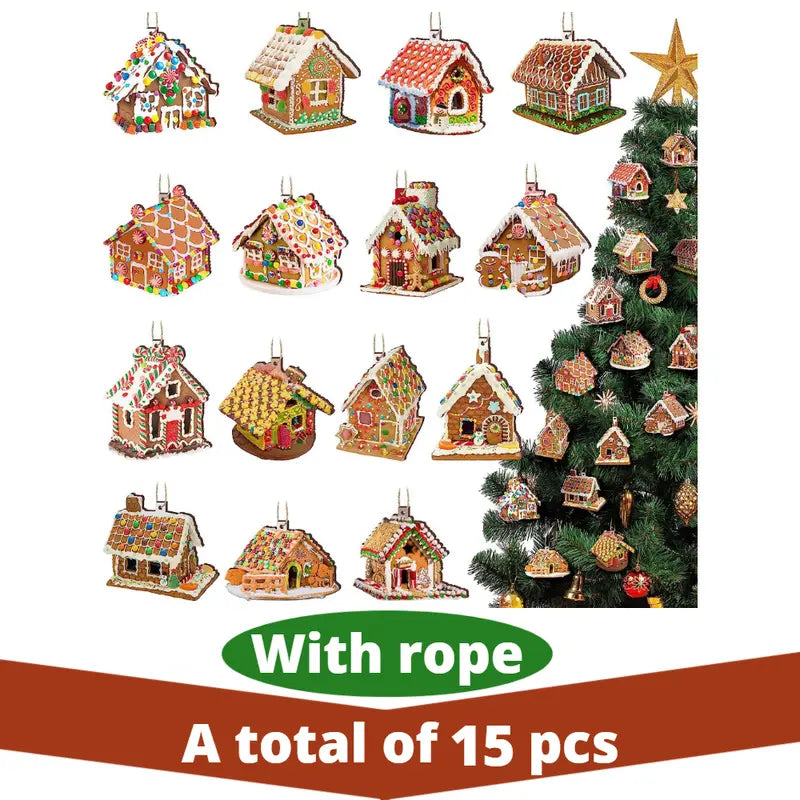 Wooden Christmas Ornaments: 15pcs Colorful Gingerbread Candy House Theme Festive Holiday