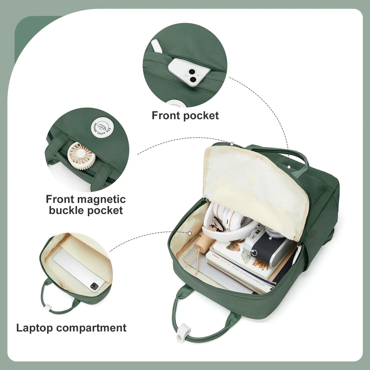 School Nylon Backpack for Teens and Women (Olive)