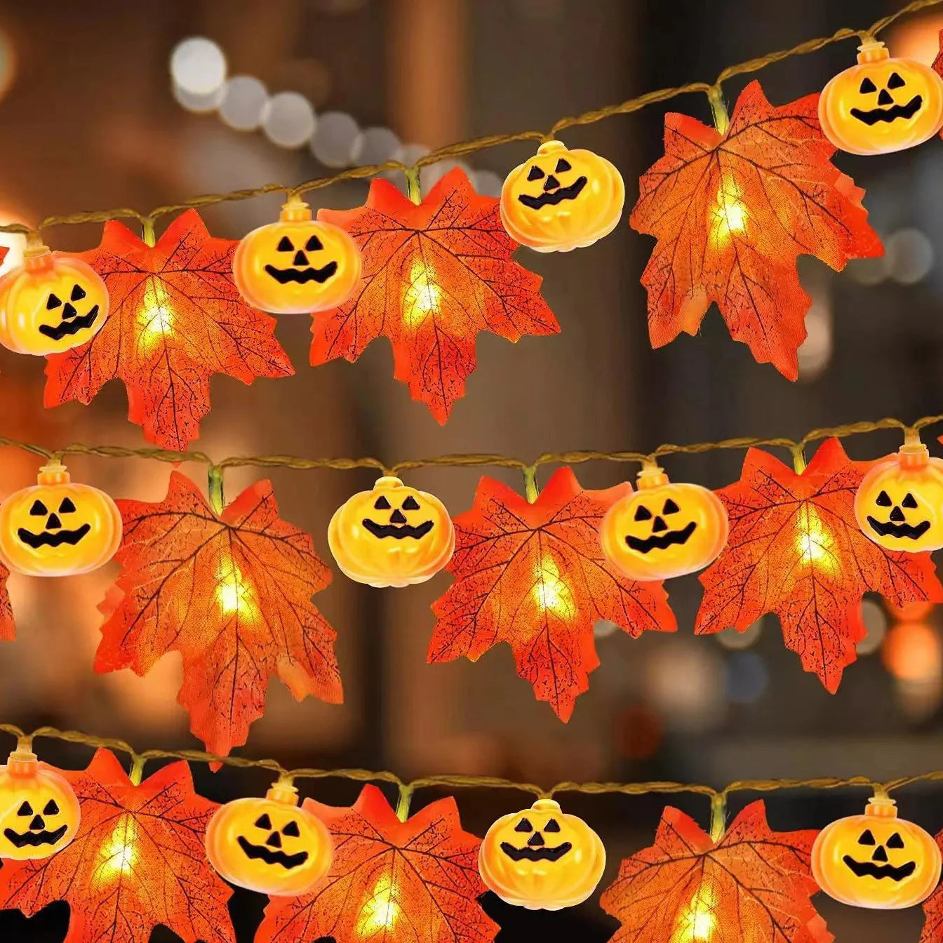 Autumn Maple Leaves Pumpkin Garland with LED