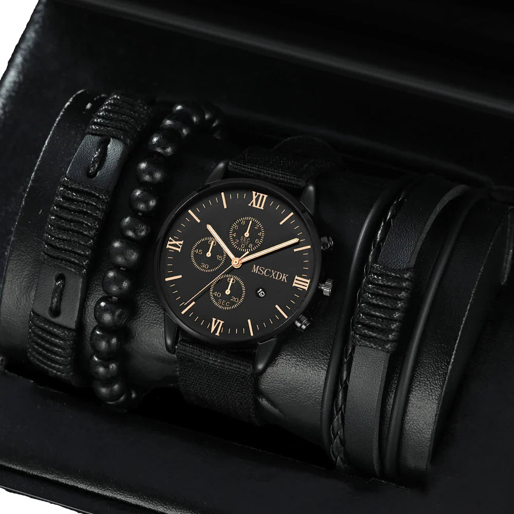 Black wristwatch with leather strap and beaded bracelet on a dark background