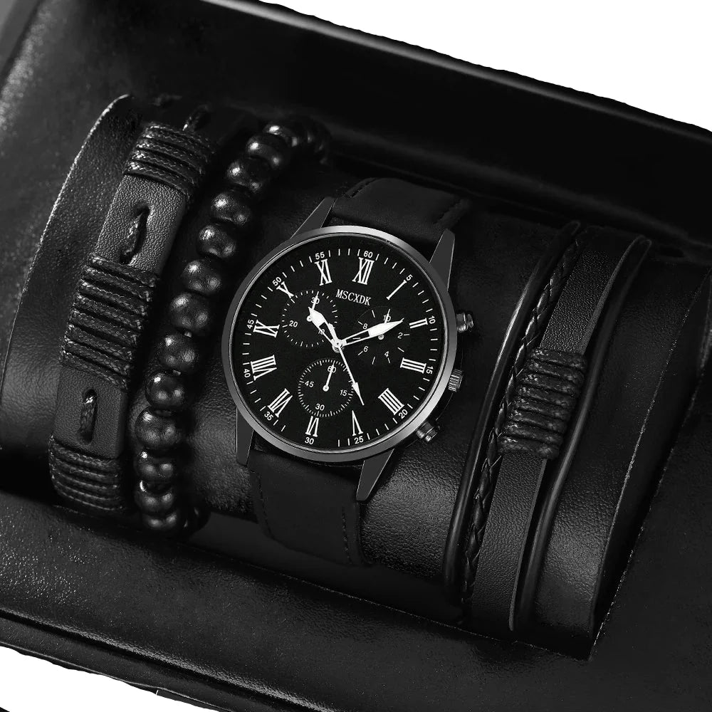 Black wristwatch with leather strap and beaded bracelet on a black background