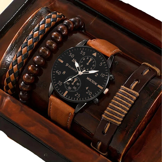 Watch with brown leather strap and wooden bracelet in a wooden box