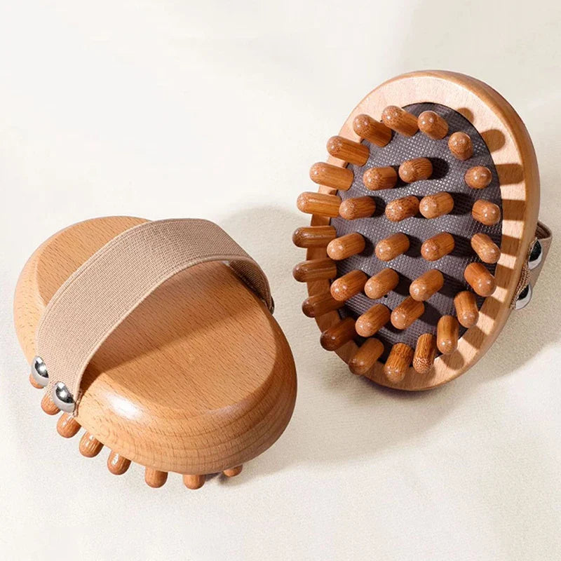 2Pcs Wooden Anti-Cellulite & Scalp Massage Brush Essential Oil Spa Brown