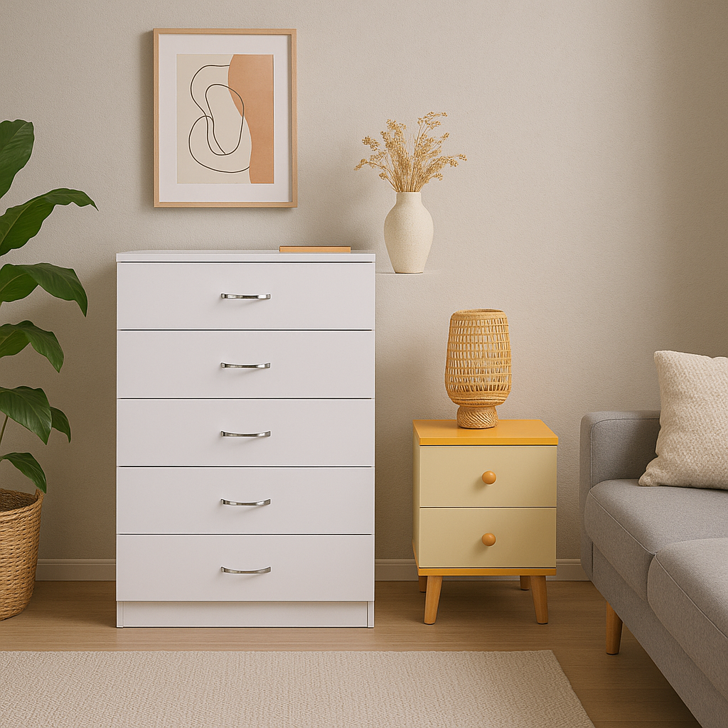 5 Layer White Drawer Chest Storage with Bedside Table