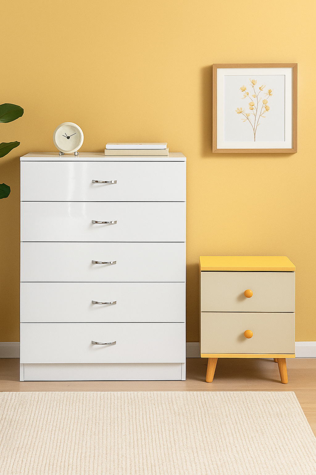 5 Layer White Drawer Chest Storage with Bedside Table