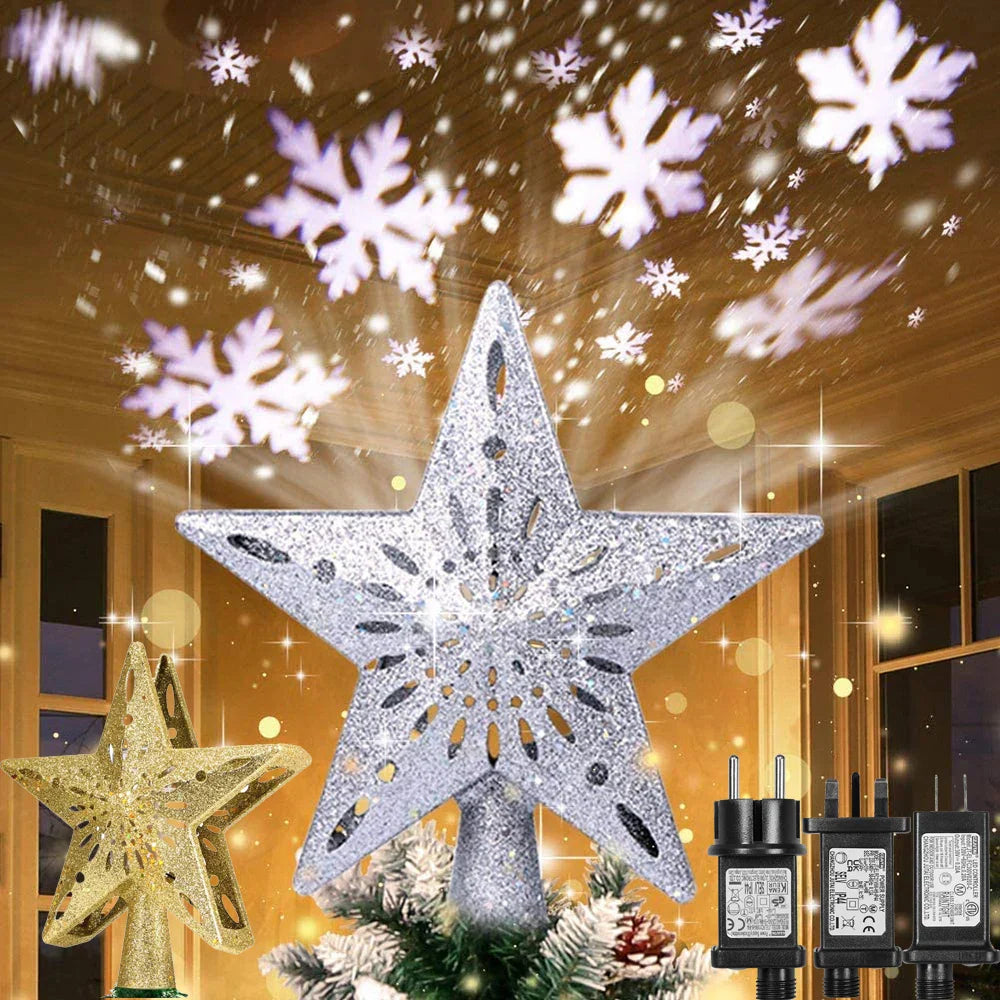 3D Glitter Star Christmas Tree Topper with Rotating LED Snowflake Projector