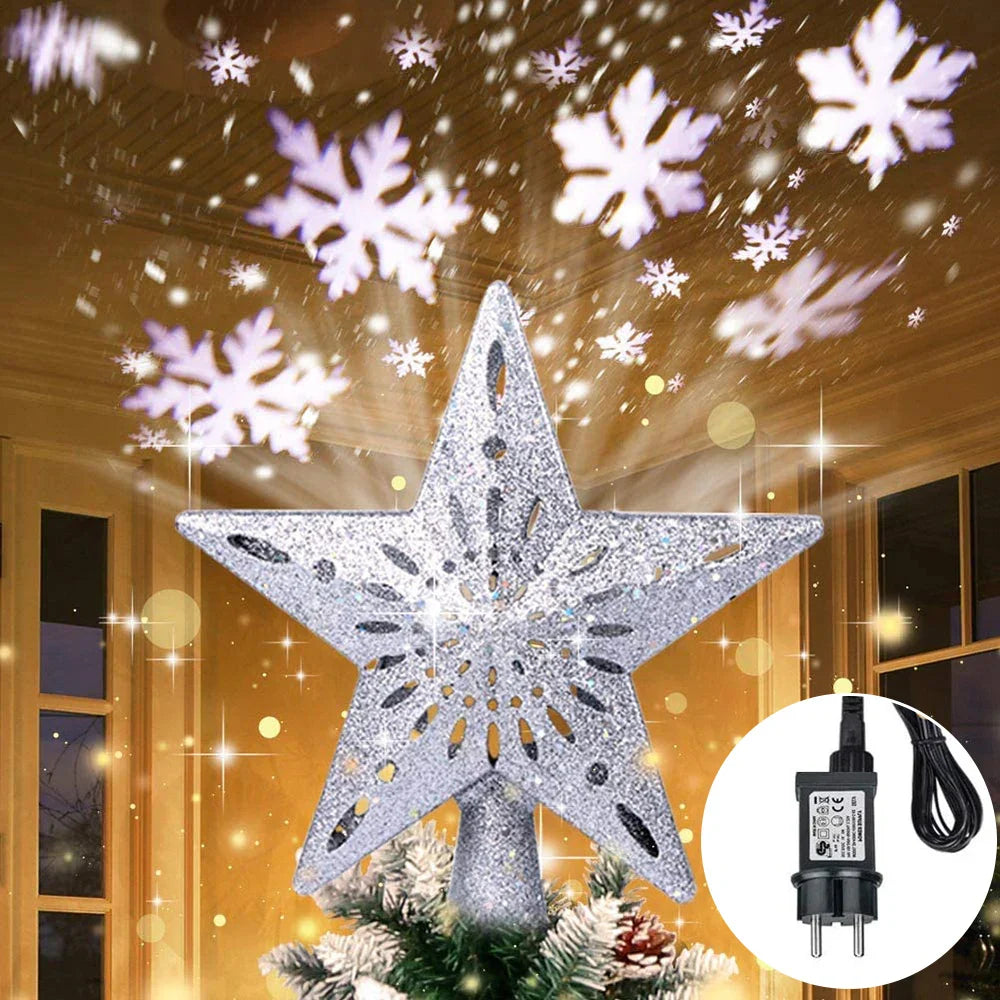 3D Glitter Star Christmas Tree Topper with Rotating LED Snowflake Projector