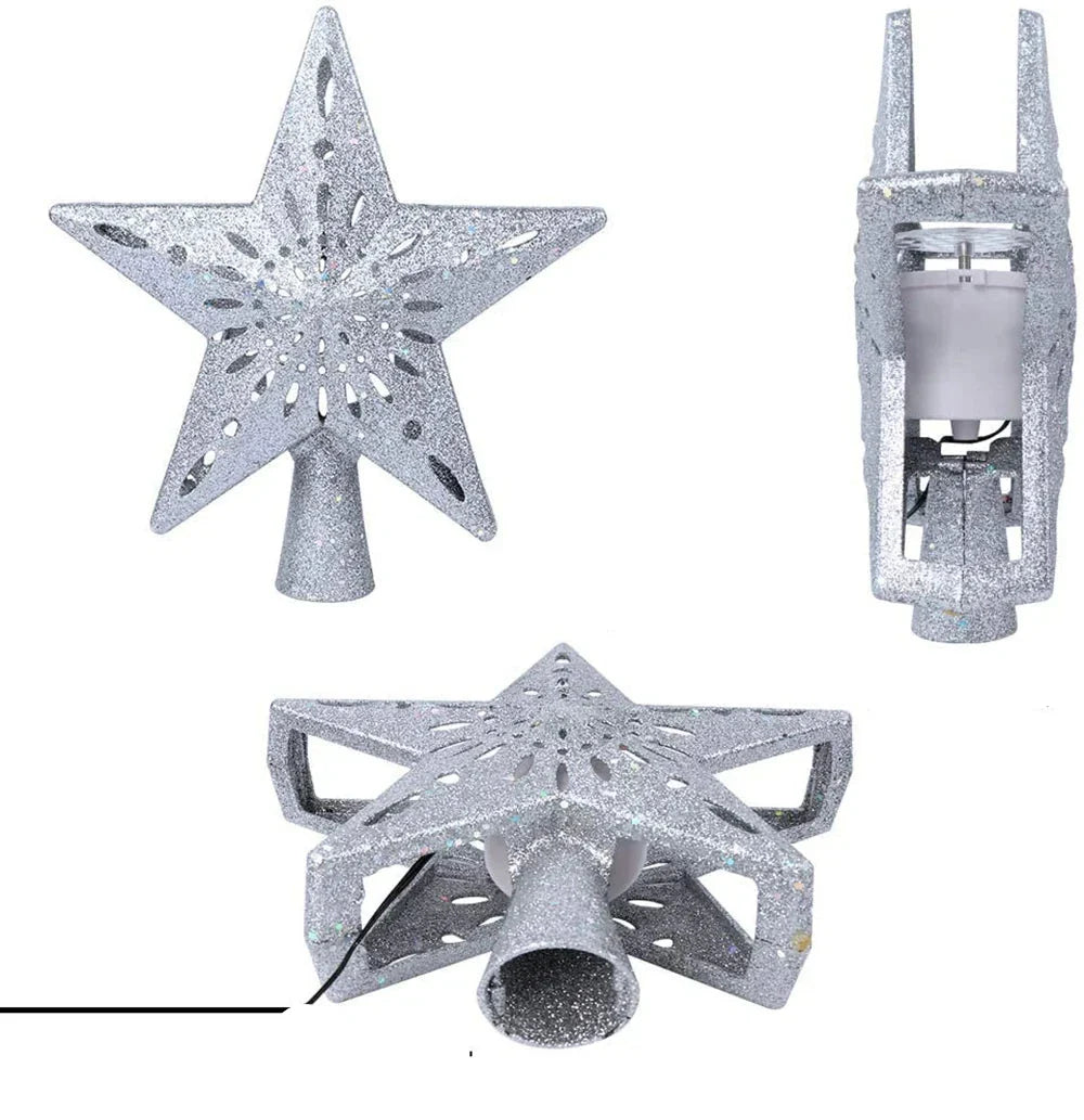 3D Glitter Star Christmas Tree Topper with Rotating LED Snowflake Projector