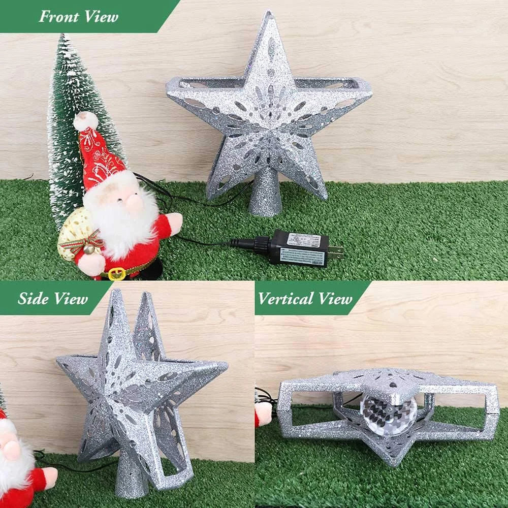 3D Glitter Star Christmas Tree Topper with Rotating LED Snowflake Projector