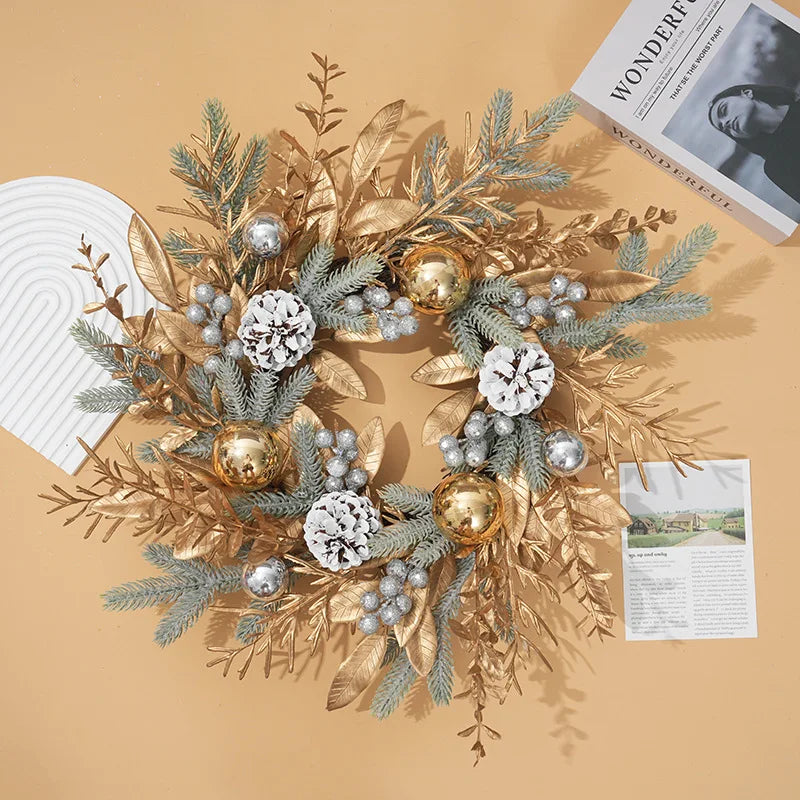 Christmas Wreath with Pine Cones and Golden Branches
