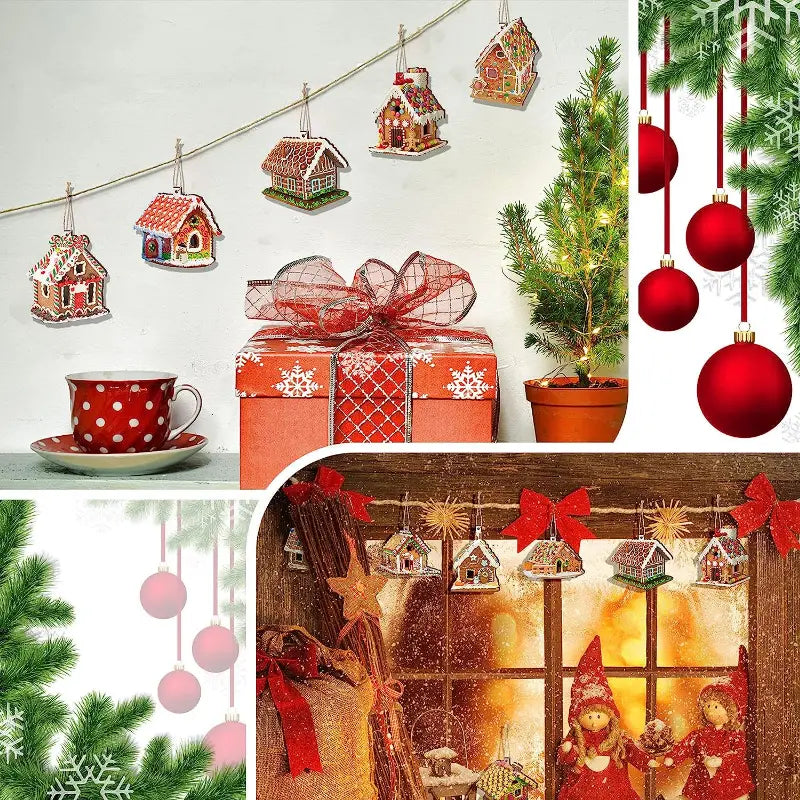 Wooden Christmas Ornaments: 15pcs Colorful Gingerbread Candy House Theme Festive Holiday