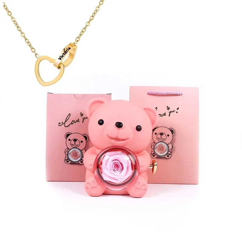 Eternal Rose Teddy Bear Gift Box with Necklace (Pink Gold)