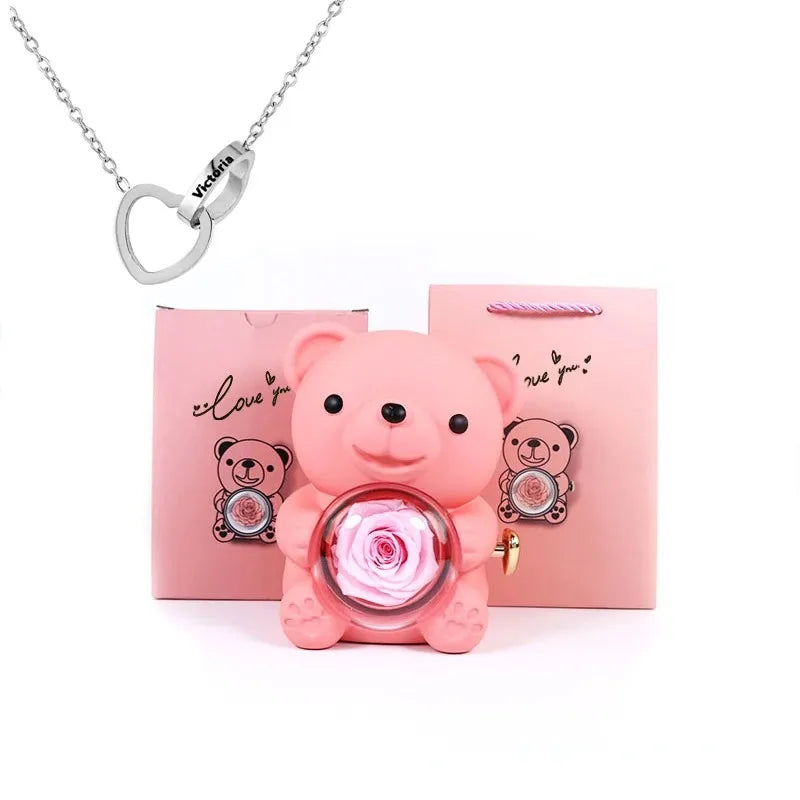 Eternal Rose Teddy Bear Gift Box with Necklace (Pink Silver)