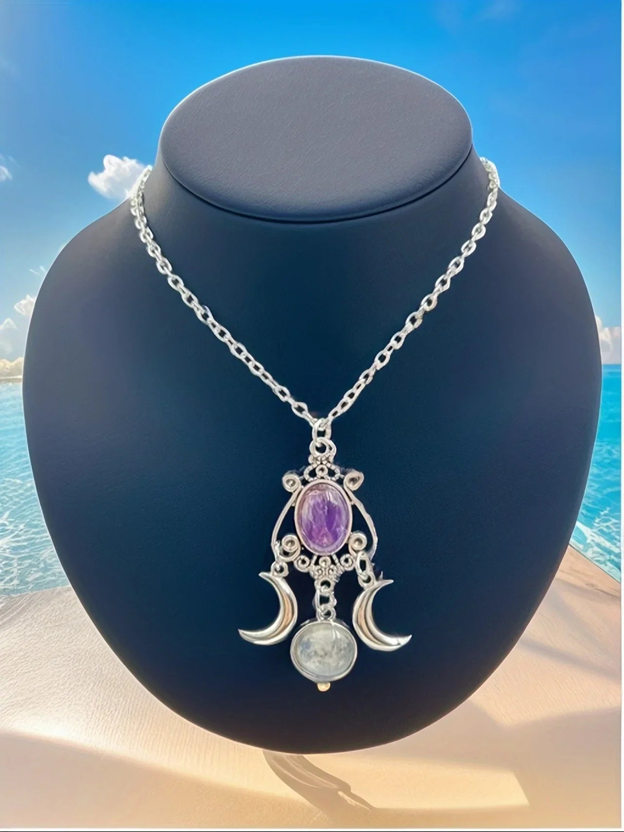 Charming Triple Moon Goddess Pendant Necklace (Purple)