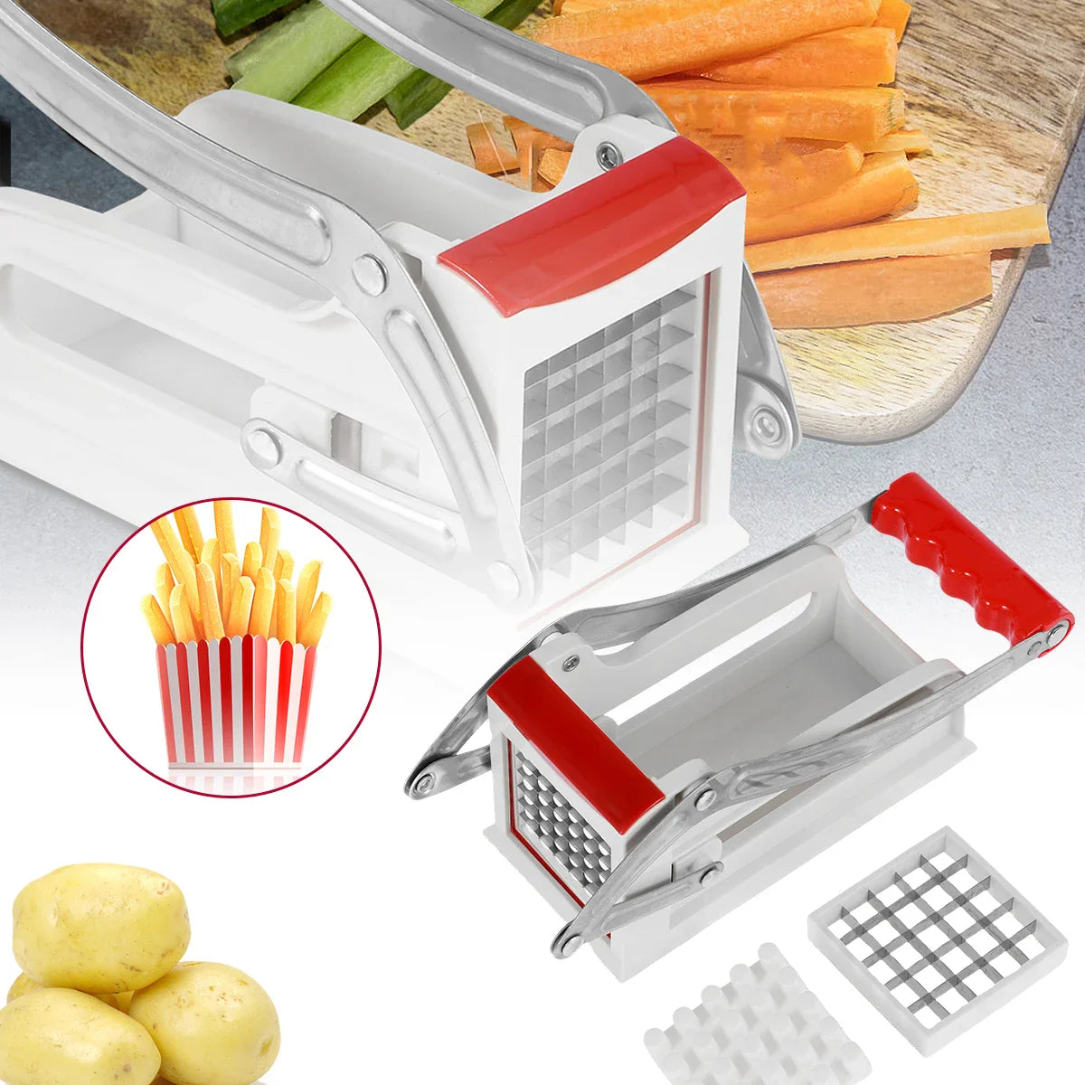 French Fry Cutter – Manual Potato Chipper with 25/49-Hole Blades