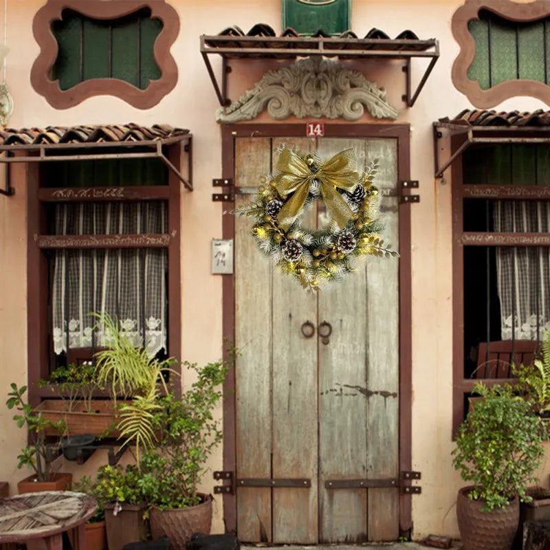 Golden Christmas Wreath with Pine Cones and Bow