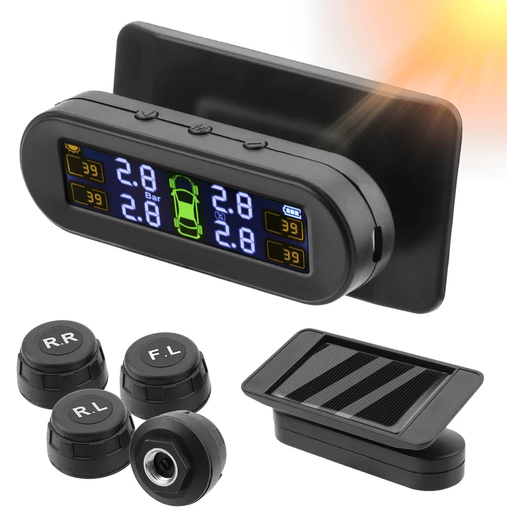 Solar Powered Wireless Tire Pressure Monitoring System with LCD Display Black
