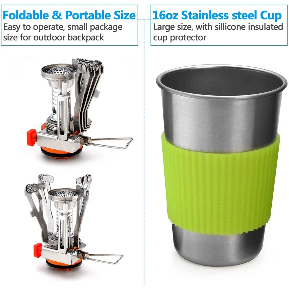 Camping Cookware Kit with Stove Green