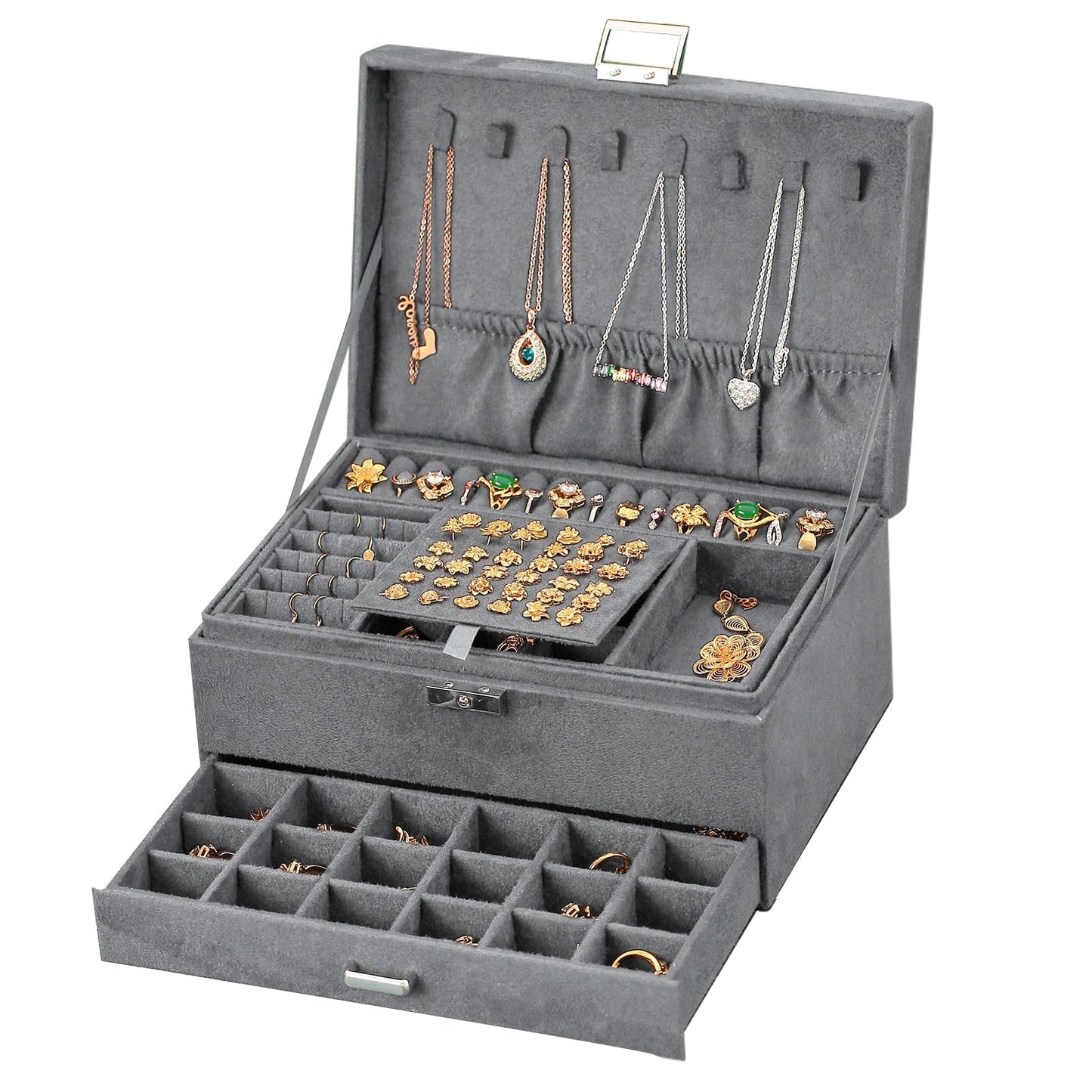 3-layes Black Flannel Jewelry Box boite a bijou Jewelry Organizer Necklace Earring Ring Storage Box for Women Gifts