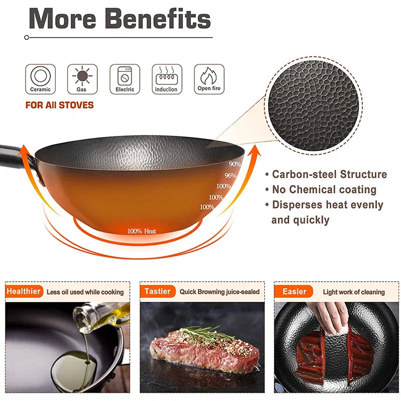 32cm Carbon Steel Wok with Wooden Lid Flat Bottom Non-Stick Black